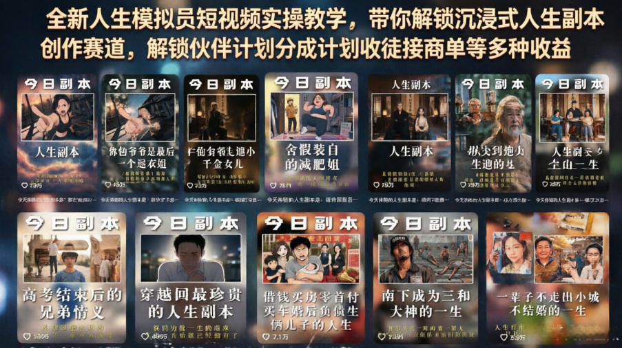 全新人生模拟员短视频实操教学,带你解锁沉浸式人生副本创作赛道,解锁伙伴计划分成计划收徒接商单等多种收益-智云网
