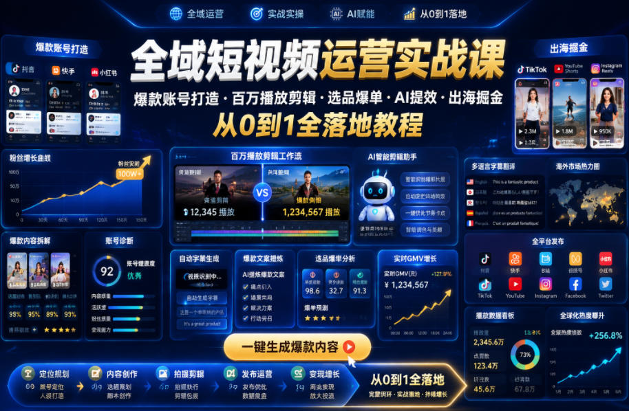 全域短视频运营实战课，爆款账号打造・百万播放剪辑・选品爆单・AI提效・出海掘金，从0到1全落地教程-智云网