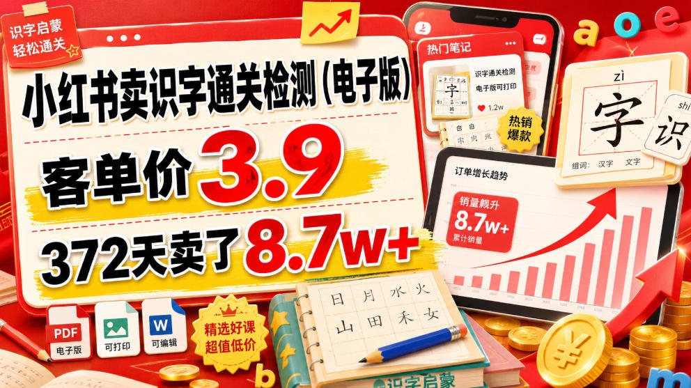 小红书卖识字通关检测(电子版),客单价3.9,372天卖了8.7w+-智云网