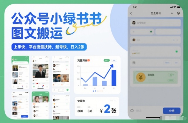 公众号小绿书图文搬运，上手快，平台流量扶持，起号快，日入2张-智云网