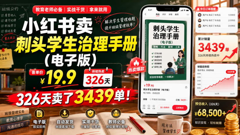 小红书卖刺头学生治理手册（电子版），客单价19.9，326天卖了3439单！-智云网