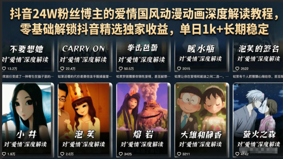 抖音24W粉丝博主的爱情国风动漫动画深度解读教程，零基础解锁抖音精选独家收益，单日1k+长期稳定-智云网