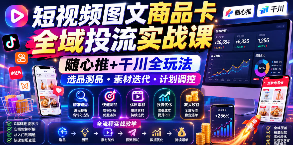 短视频图文商品卡全域投流实战课，随心推+千川全玩法，选品测品・素材迭代・计划调控，提升ROI爆单增收教程-智云网
