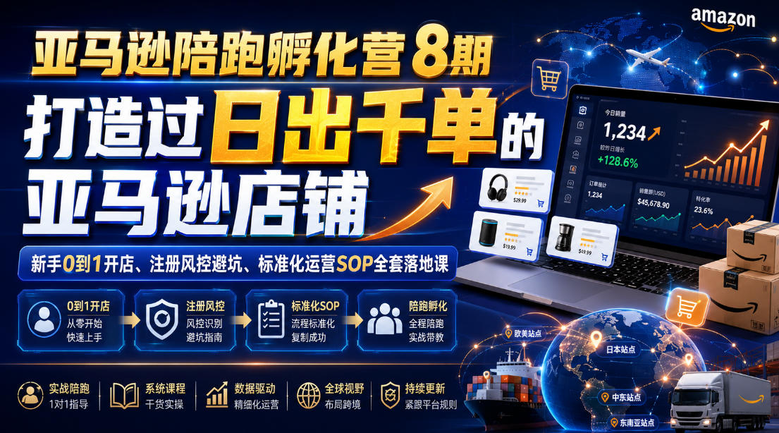 亚马逊陪跑孵化营8期，打造过日出千单的亚马逊店铺，新手0到1开店、注册风控避坑、标准化运营SOP全套落地课-智云网