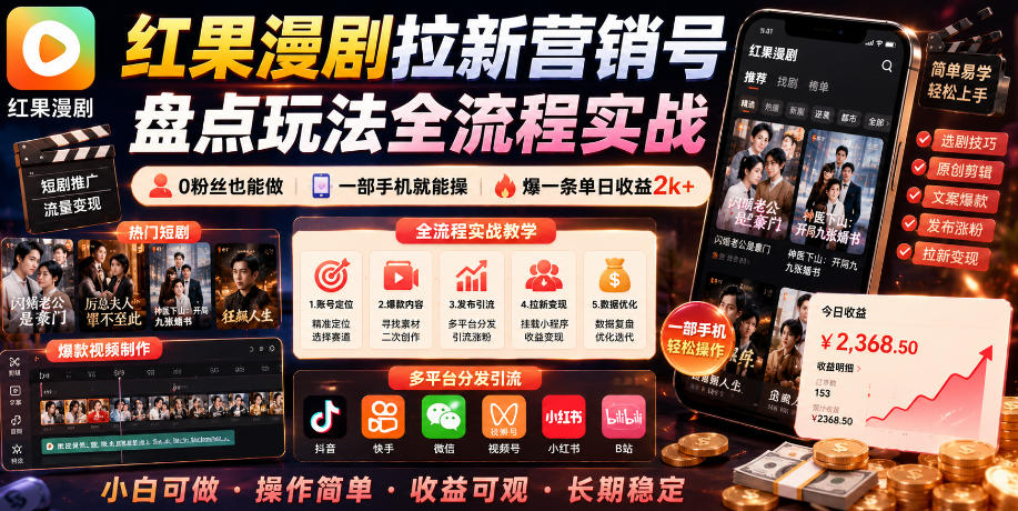 红果漫剧拉新营销号盘点玩法全流程实战,0粉丝也能做,一部手机就能做,爆一条单日收益2k+(更新0628)-智云网
