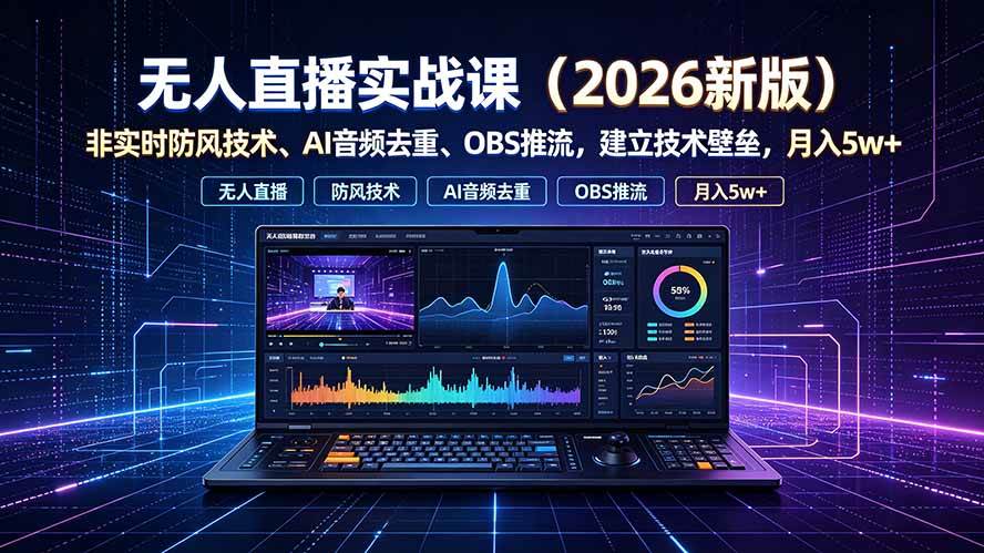 (19292期)无人直播实战课(更新7月),非实时防风技术、AI音频去重、OBS推流,建立技术壁垒,月入5w+-智云网