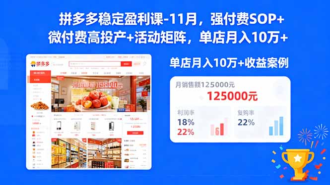 拼多多稳定盈利课-11月,强付费SOP+微付费高投产+活动矩阵,单店月入10万+-智云网